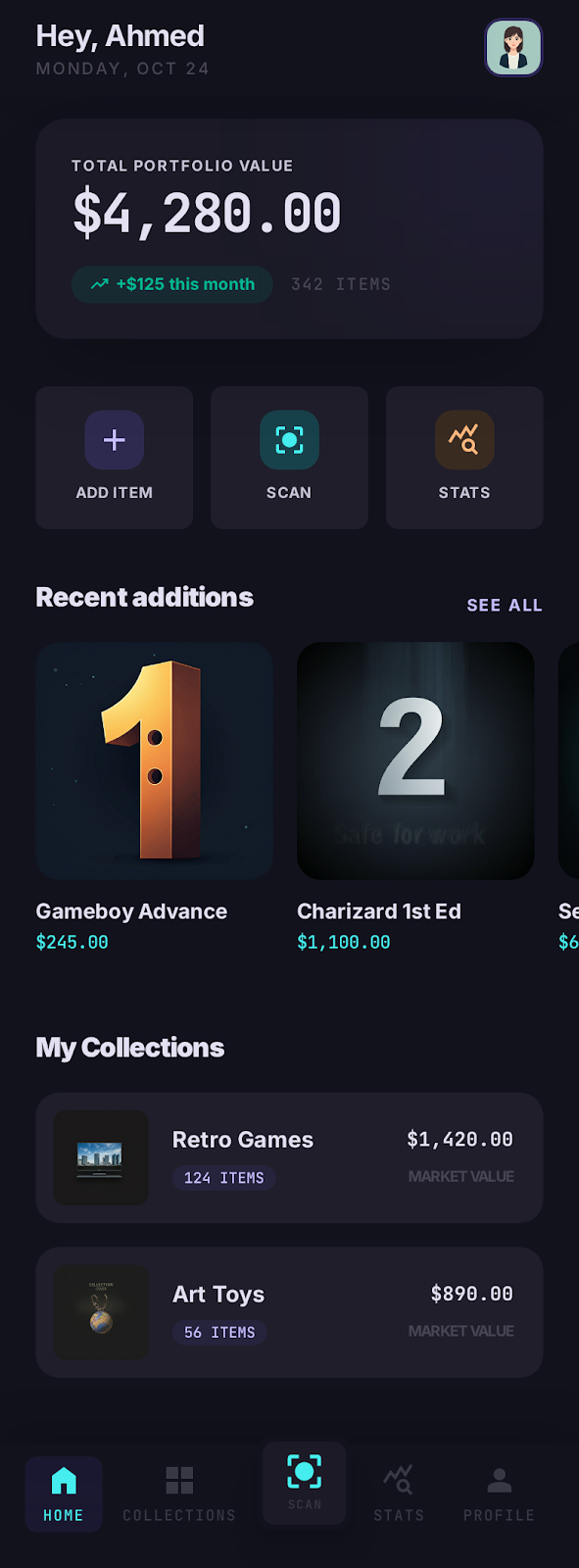 CollectVault mobile dashboard showing portfolio value and collection intelligence